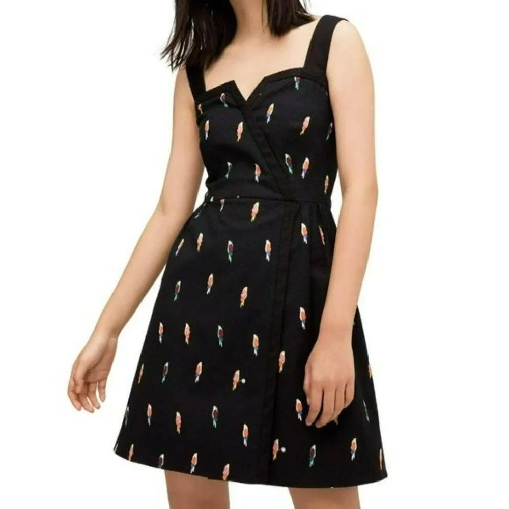 Kate Spade Flock Party Dress 0 Black Parrot Jacquard Fit N Flare Mock Wrap Mini